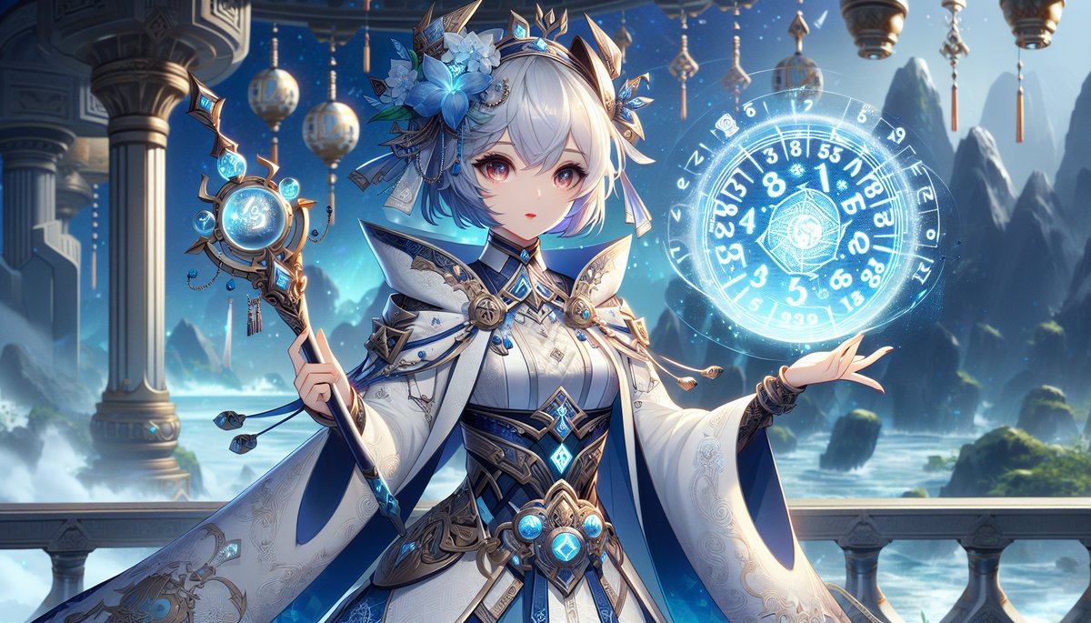 Anime-style female mage in white-blue ornate robes on a balcony, levitating a glowing blue magic circle while holding a staff with blue gems.