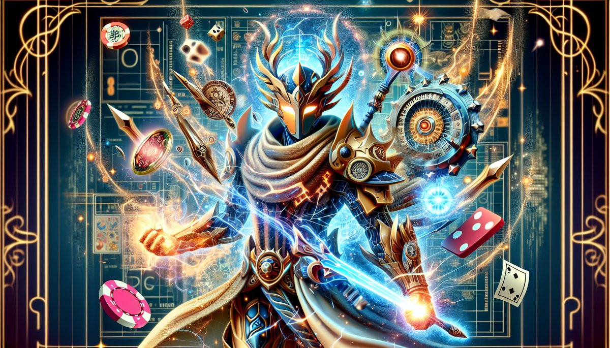 Armored fantasy warrior in gold and blue channels blue lightning, surrounded by dice, cards, and poker chips in a glowing casino-like backdrop.