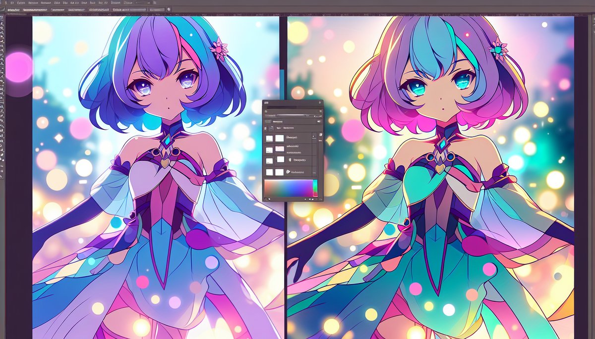 Two anime-style girls in colorful dresses face forward side-by-side, with a color editor panel between them in a digital art workspace behind soft bokeh lights.