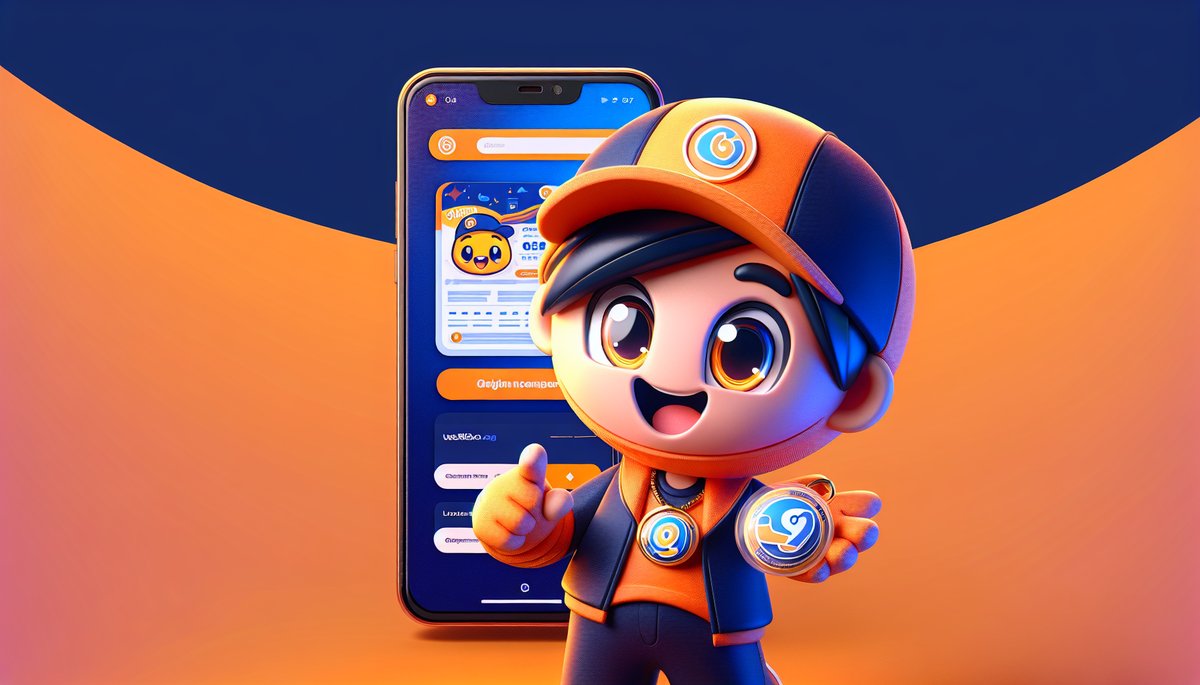 Cheerful cartoon mascot in an orange cap beside a smartphone, holding a round badge with a blue heart logo.