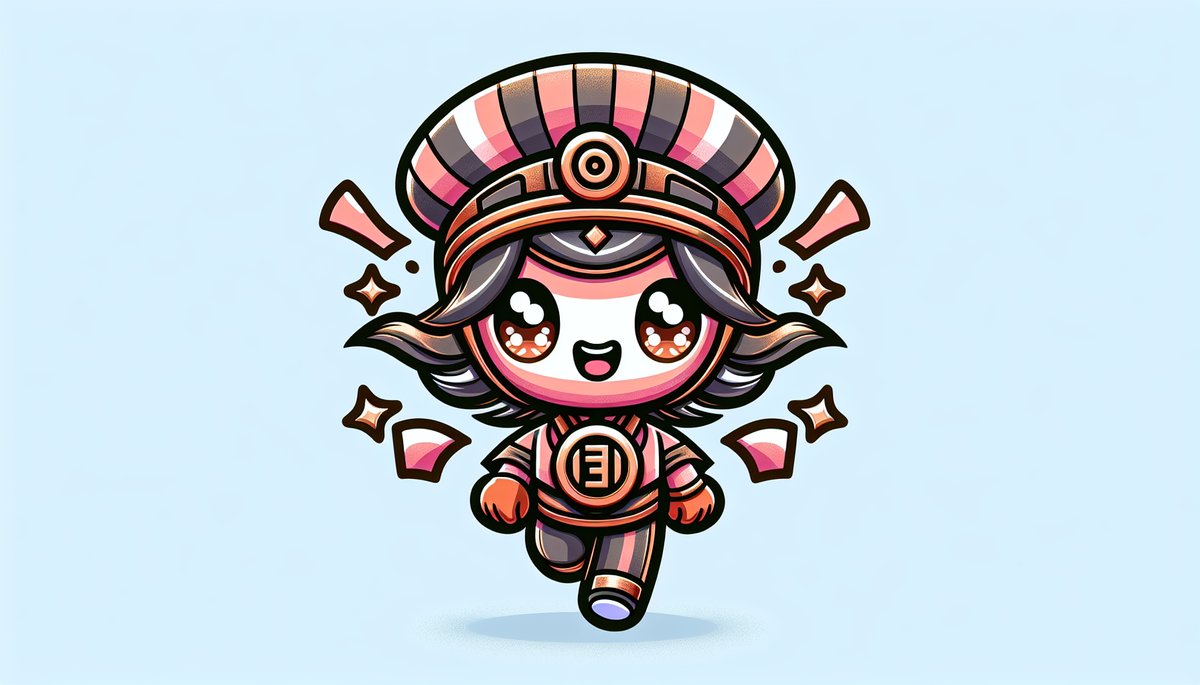 Cute chibi knight mascot running toward the viewer in pink-purple armor with a striped helmet on a light blue background, with sparkles around it.