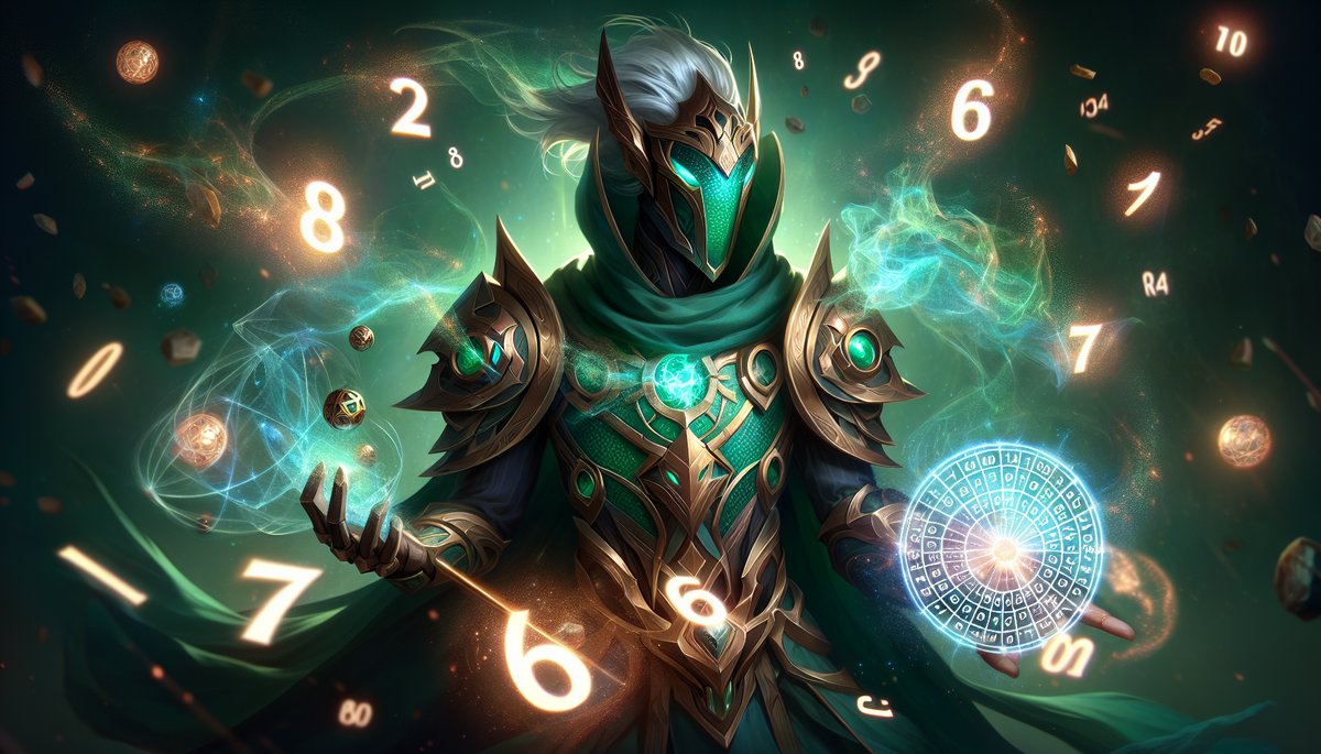 Armored mage in emerald and gold conjuring a glowing circular sigil with floating numerals around him.
