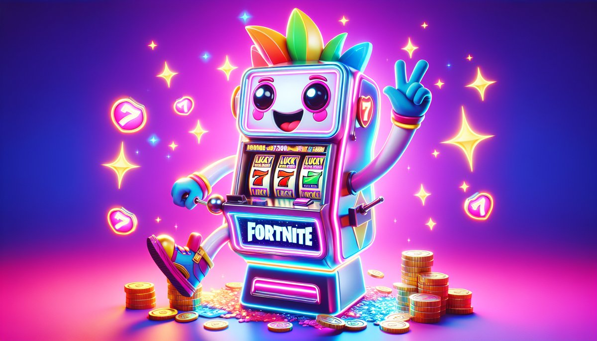Colorful Fortnite-themed neon slot-machine mascot with a smile, giving a peace sign amid glowing coins and sparkles.