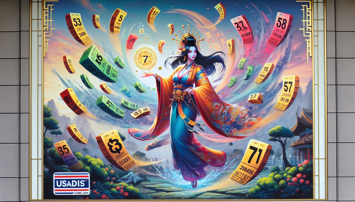 Vibrant mural of a regal woman in traditional robes with swirling lottery tickets and numbers around her; USADIS logo in the bottom-left corner.